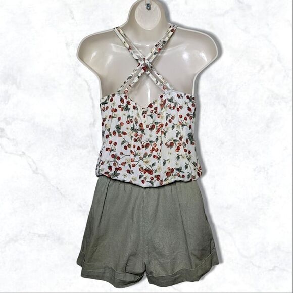 Mine Floral Strawberry Wide Leg Spaghetti Crisscross Strap Cottagecore Romper - Picture 4 of 6